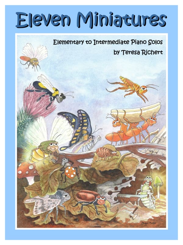 Piano book cover: Colorful bugs including a butterfly, ants and a bumble bee.