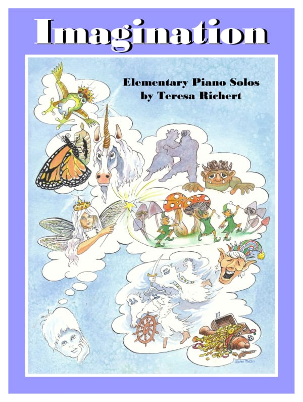 Piano book cover: A unicorn, frog prince, fairy princess, pixies, ogres.