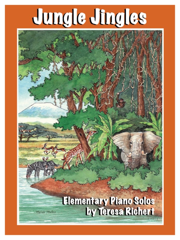 Piano book cover: A jungle with an elephant, giraffe, zebras.