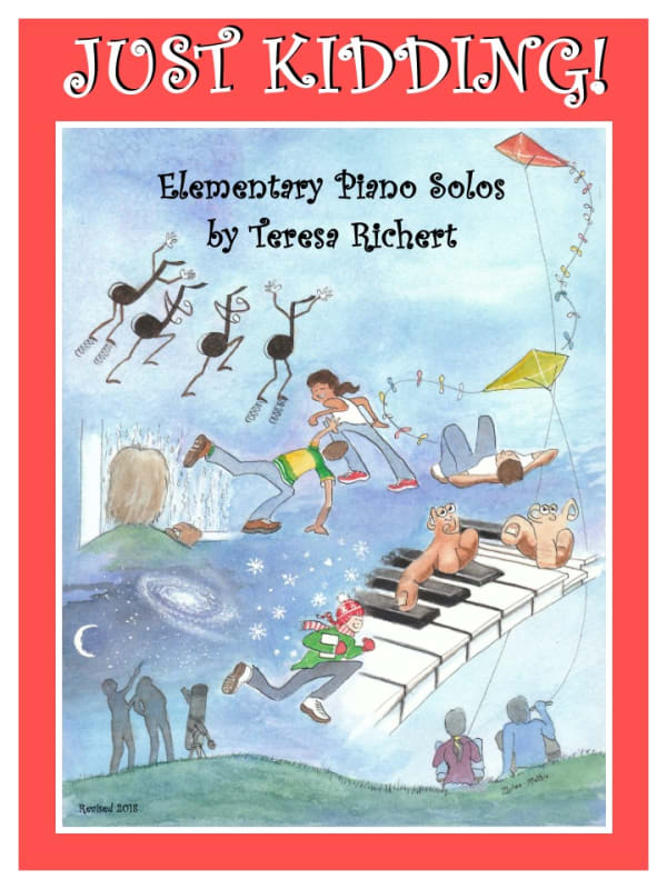 Piano book cover: Piece illustrations from star-gazing to fingers running on a keyboard.