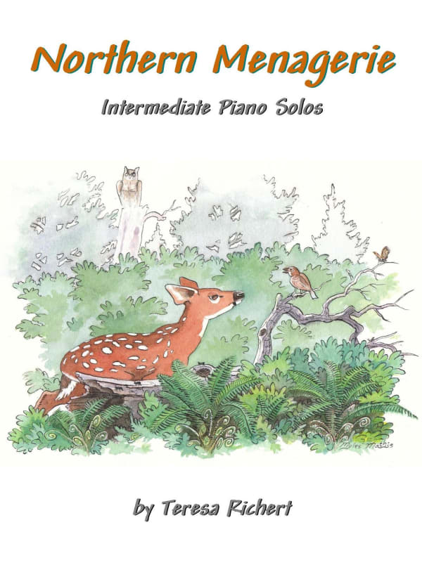 Piano book cover: A fawn and some birds in the forest.