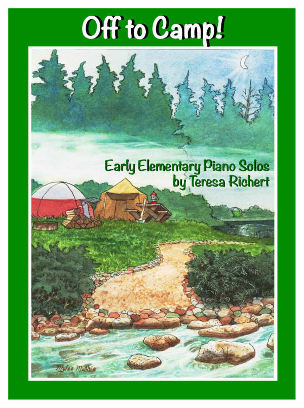 Piano book cover: Campsite by a river with trees in the background.