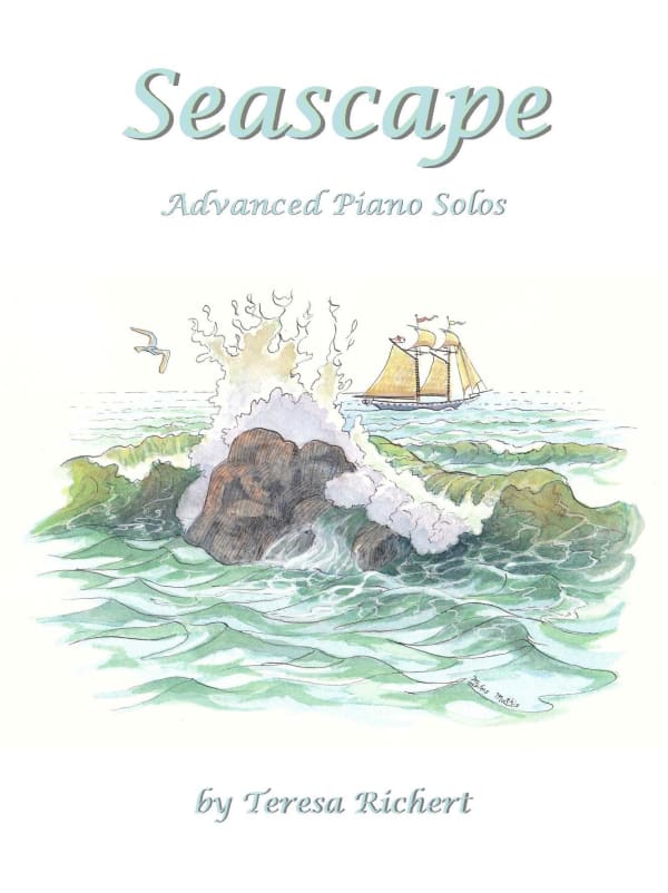 Piano book cover: A ship sailing near a rocky shore. A seagull flying above.