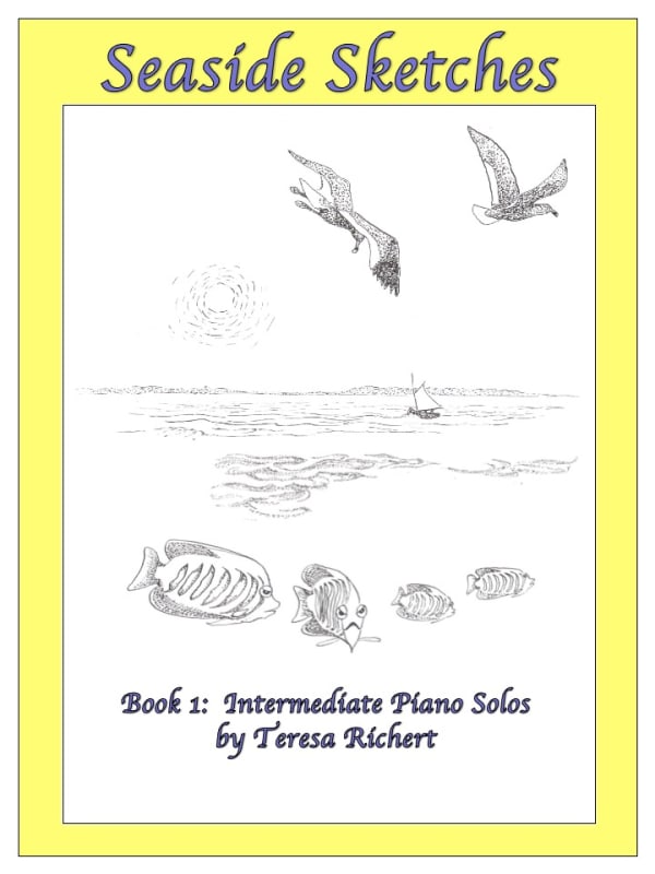 Piano book cover: Seagulls flying over a sailboat and a sea of fish.