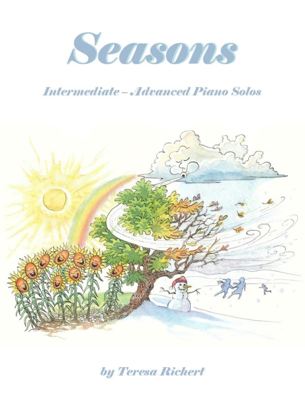 Piano book cover: Seasonal images from singing sunflowers to ice skaters.