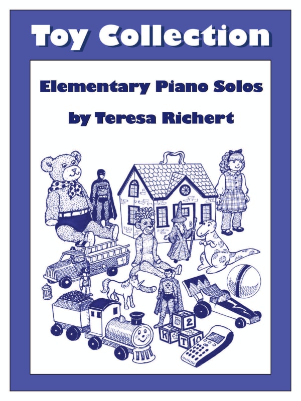 Piano book cover: Many toys including a teddy bear, doll house, and toy train.